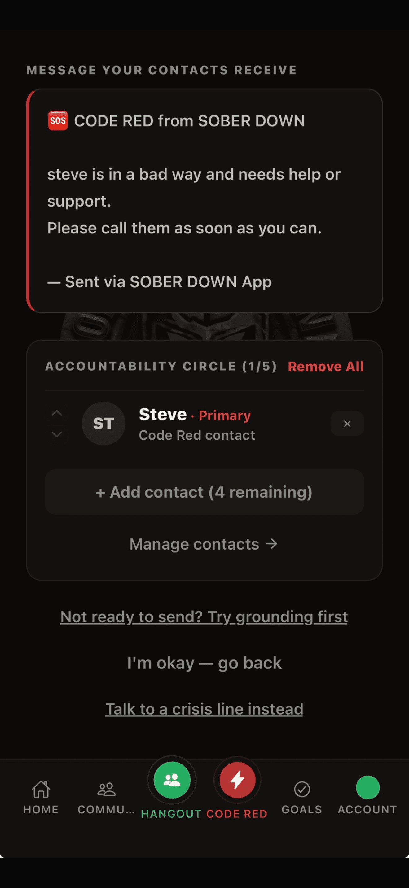 Círculo de Confianza screen in SoberDown